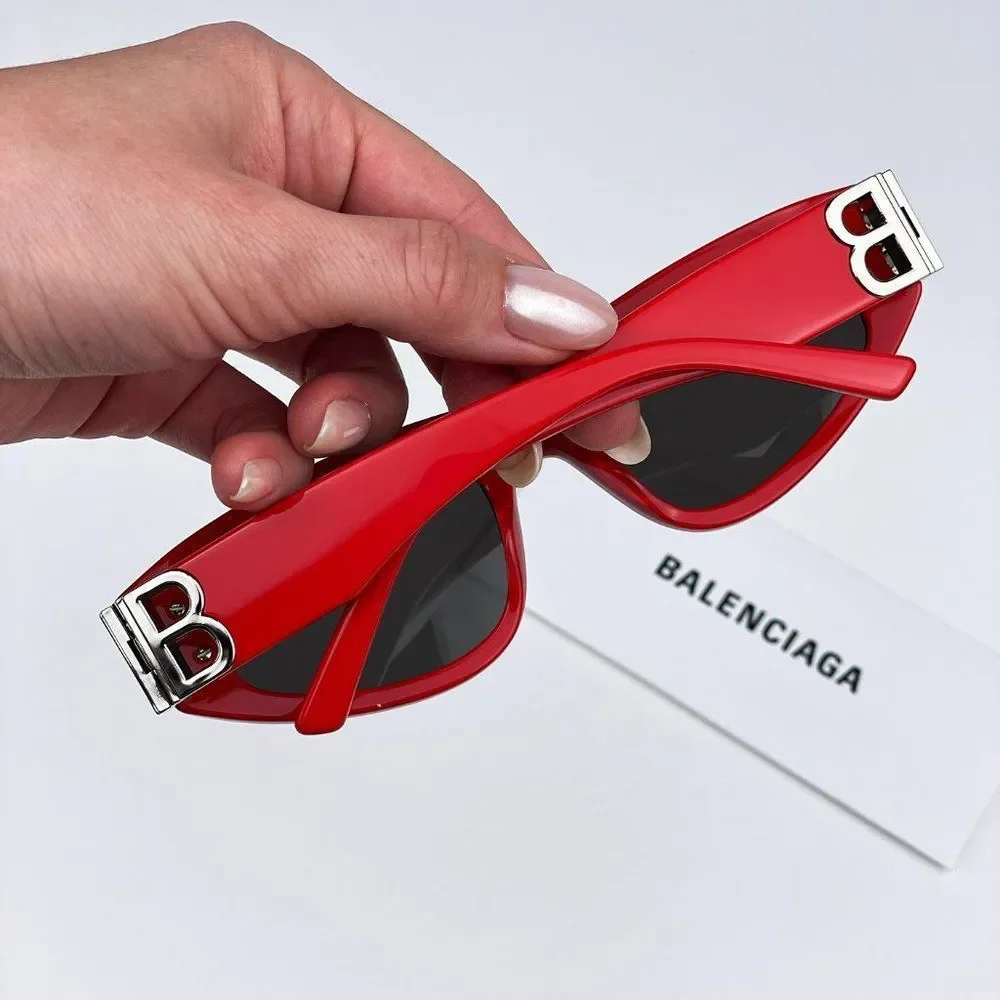 Balenciaga BB0095S 016 Sunglasses Red Silver Logo Grey Cat Eye Unisex
